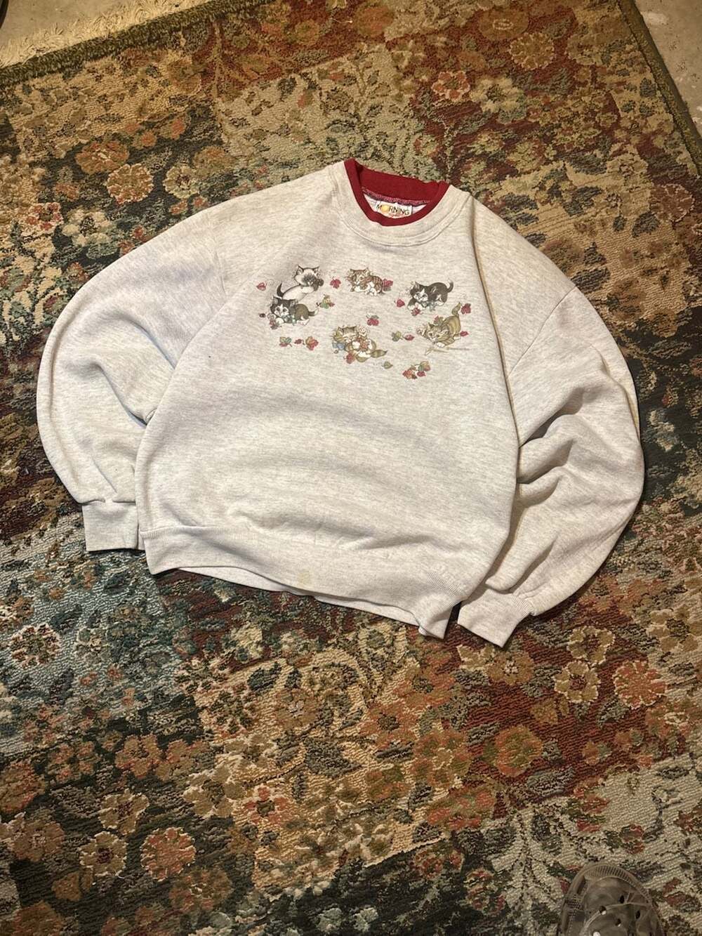 Vintage 90s Morning Sun Kittens and Fall Leaves Crewneck Sweatshirt